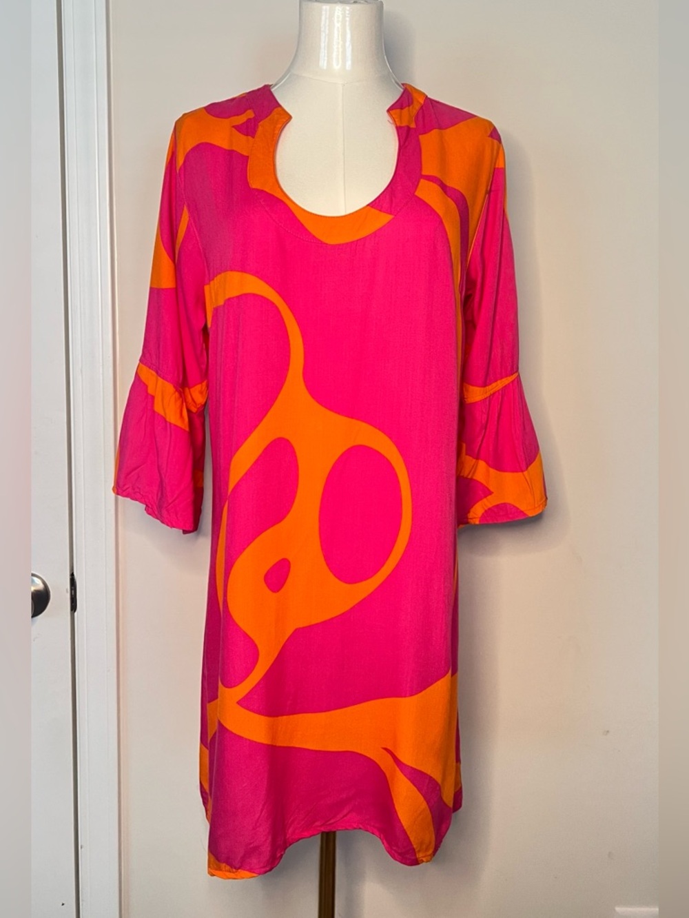 Escapada Resort Mini Tunic Dress L 3/4 Bell  Psychedelic Groovy Hippie *READ
